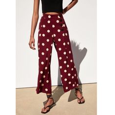 Zara Wide Leg Palazzo Pants Super Cute And Trendy Polka Dot Pants. High Rise, Pull On Style, Back Elastic, Side Pockets, Wide Leg, Cropped Length. Bloggers' Favorite! Burgundy And Cream Color. Summer Wide Leg Polka Dot Pants, Polka Dot Wide Leg Summer Pants, Polka Dot Summer Bottoms With Pockets, Chic Polka Dot Long Pants, Chic Polka Dot Bottoms For Spring, Chic Purple Bottoms For Day Out, Zara High Waist Purple Bottoms, Polka Dot Wide Leg Bottoms With Pockets, Chic High Waist Polka Dot Bottoms