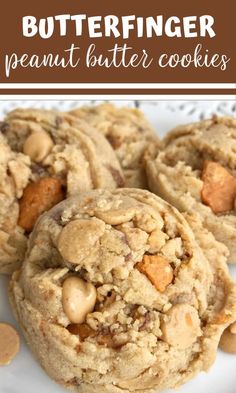 peanut butter cookies on a white plate with text overlay that reads, butterfingerer peanut butter cookies