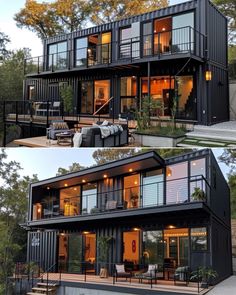 two pictures of the same house made out of shipping containers