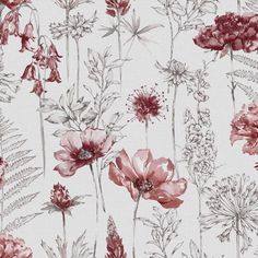 red and white floral wallpaper with lots of flowers on the bottom half of it