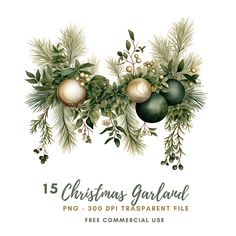 christmas garland with ornaments and greenery on white background for free commercial use graphic design