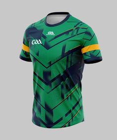 a green and yellow rugby jersey on a grey background