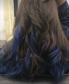 Hair Colours For Brunettes Dyes, Dark Blue Highlights In Dark Brown Hair, Blue Underlights Hair, Brunette Hair With Blue Tips, Brown And Blue Hair Ombre, Blue Stripes In Brown Hair, Brown Hair And Blue Highlights, Blue Under Brown Hair, Brown Hair With Navy Blue Highlights