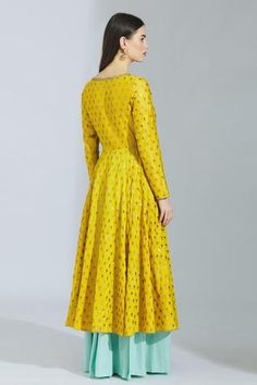 Shop for Megha and Jigar Yellow Chanderi Anarkali Gharara Set for Women Online at Aza Fashions Blue Gharara, V Neck Anarkali, Chanderi Anarkali, Gharara Pants, Dupatta Lace, Yellow Jacket, Embroidered Neckline, Lace Border, Cut Work