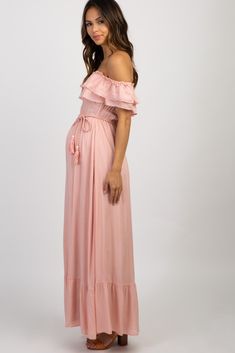 Pink Off Shoulder Tassel Tie Maternity Maxi Dress Strapless Top Outfit, Maternity Shoot Dress, Pink Maternity Dress, Maternity Photo Outfits, Maternity Maxi Dress, Tie Maxi Dress, Maxi Dresses Fall, Maternity Maxi, Baby Shower Dresses