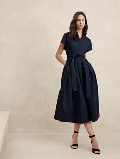 Poplin Tie-Waist Midi Dress | Banana Republic Factory Summer Wedding Attire, Navy Blue Midi Dress, Business Casual Outfits For Work, Summer Capsule Wardrobe, Black Tie Wedding, Midi Dress Summer, Banana Republic Factory, Banana Republic Dress, Blue Midi Dress