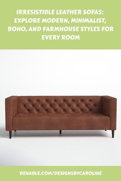 a brown leather sofa sitting on top of a white floor next to a green wall