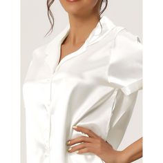 Basic button-down set, roll-up cuffs, shiny silky satin fabric, smooth and soft. Made from a little sheen satin, this basic button-down shirt and shirt set offers you comfort and casual loungewear. Solid color and basic design make this pajama set classic and timeless for everyday wear. Perfect gift for all ladies when at home or enjoying a cozy lounging time. These sets suit nightwear, sleeping, slumber parties, girls' day, indoor, etc. Satin Top With Button Closure, Solid Satin Top With Button Closure, Satin Button-up Tops For Daywear, Elegant Satin Sleepwear With Short Sleeves, Elegant Short Sleeve Satin Sleepwear, Elegant Short Sleeve Sleep Tops, Summer Satin Blouse With Button Closure, Collared Satin Blouse For Daywear, Satin Collared Blouse For Daywear