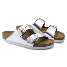 Arizona Natural Leather Silver Slides With Leather Footbed, Silver Slides With Leather Footbed For Summer, Silver Leather Sandals With Leather Footbed, Silver Leather Slides For Summer, Silver Slides With Removable Insole, Classic Silver Round Toe Sandals, Modern Silver Sandals With Buckle Closure, Classic Silver Sandals For Spring, Silver Leather Slides With Cushioned Footbed