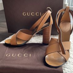 Gucci Sandals In Camel Color, Block Heel 4.1” Soft Leather, Leather Sole. Made In Italy. Come With Original Travel Bag And Gucci Box. Perfect Condition, They Look Brand New Except For Bottom. Worn Once Only. Original Price $864 Gucci Brown Summer Heels, Brown Gucci Heels For Summer, Gucci Calf Leather Sandals With Heel Strap, Designer Calf Leather Sandals With Wrapped Heel, Gucci Ankle Strap Leather Heels, Gucci Leather Sandals With Branded Heel Counter, Gucci Luxury Sandals With Leather Sole, Gucci Summer Calf Leather Sandals, Gucci Open Toe Calf Leather Sandals