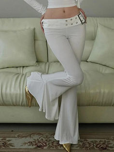 Solid Buckle Detail Flare Leg Pants - AnotherChill Flare Pants With Slides, Cloth Flare Pants, White High Rise Flare Jeans, Cheap White Flare Jeans For Summer, White Leather Flare Pants, Affordable White Flare Jeans, Ae The Everything Highest Waist Flare Pant, Flare Pants Me, Flare Cream Pants