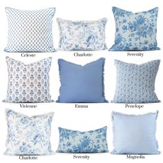 blue and white pillows with the names of them in different styles, sizes and colors