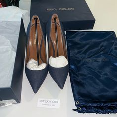 Sergio Rossi Denim Pumps Size 37.5 New No Size Of Wear Come With The Box Denim Heels With Pointed Toe For Evening, Formal Denim High Heel Shoes, Formal Denim High Heels, Chic Denim Heels For Formal Occasions, Chic Formal Denim Heels, Elegant Denim Heels With Round Toe, Denim Pumps, Sergio Rossi Shoes, Rossi Shoes