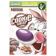 an advertisement for cookies crisp cereal with the image of bunny eating something out of it