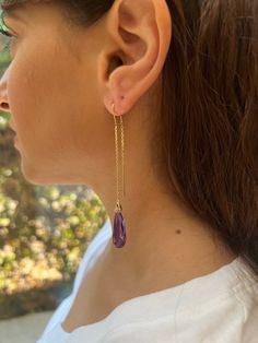 This handmade Gold earrings with Amethyst are made of 14K genuine gold. This Stunning earring is High end finish. This 14k Gold earrings with Amethyst can serve as an engagement, bridesmaid or birthday gift. * Gemstone - Spinel Amethyst    size: 8/22mm Drop * Metal - 14K genuine gold - White Gold is also available. * Beautifully packaged, ready for gift giving. for Gold ring with pearl: https://www.etsy.com/il-en/listing/526553177/gold-engagement-ring-gold-ring-with?ref=shop_home_feat_3 for stud Gold Amethyst Long Drop Earrings, Yellow Gold Amethyst Teardrop Earrings, Amethyst Drop Jewelry In Yellow Gold, Yellow Gold Amethyst Earrings Hallmarked, Gold Amethyst Earrings Fine Jewelry, Yellow Gold Gemstone Linear Earrings For Gift, Yellow Gold Gemstone Linear Drop Earrings, Purple 14k Gold Dangle Jewelry, Purple Briolette 14k Gold Jewelry