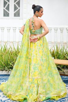 Neha – Sania Maskatiya International Green Pre-draped Saree With Gota Work For Eid, Green Silk Pre-draped Saree With Gota Work, Silk Choli With Dupatta For Summer, Anarkali Green Sharara For Summer, Green Anarkali Sharara For Summer, Floor-length Green Silk Choli, Green Summer Party Lehenga, Summer Party Green Lehenga, Bollywood Style Green Sharara For Summer