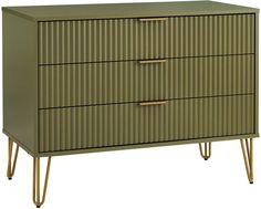 a green dresser with three drawers and gold handles