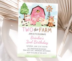 two little farm animals are standing in front of a barn and windmill birthday party card