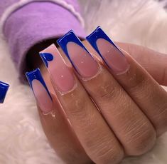 Royal Blue Gel X Nails, Blue Grad Nail Ideas, Godly Acrylic Nails, Nails Acrylic Square French Tip, Navy Blue Nail Ideas Acrylic, Blue Back To School Nails, Royal Blue White Nails, Blue November Nails, Royal Blue Nails Hoco