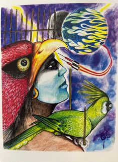 a drawing of a woman holding a fish in front of a cage with the sun above her head