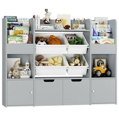 a book shelf filled with lots of books and toys