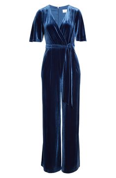 Velvety-soft fabric brings eye-catching shine to your dinner-to-drinks look in this wide-leg jumpsuit fashioned with an adjustable tie at the waist. 58" length; 31 1/2" inseam; 30" leg opening (size 8) Hidden back-zip closure Surplice V-neck Short sleeves Front slant pockets Removable sash Partially lined 90% polyester, 10% spandex Dry clean Imported Dresses Evening Fitted Jumpsuits And Rompers With Tie Waist, Fitted Jumpsuits And Rompers With Tie Waist For Party, Elegant Belted Jumpsuits For Night Out, Elegant Fall Jumpsuits And Rompers With Tie Waist, Fitted Jumpsuit With Tie Waist For Date Night, Formal Jumpsuits And Rompers With Tie Waist, Formal Maxi Length Jumpsuits And Rompers, Chic Jumpsuits And Rompers With Tie Waist Maxi Length, Fitted Wide Leg Jumpsuits And Rompers With Belt