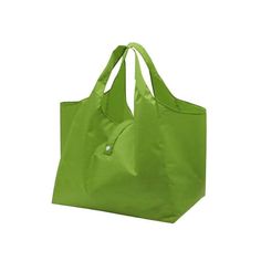 a green shopping bag is shown on a white background, with the handles folded down