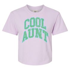 Perfect addition to any trendy aunt's wardrobe and show off your status as a proud and stylish aunt with The 'Varsity Cool Aunt' Boxy T-Shirt! 6.1 oz./yd², 100% ringspun cotton, 20 singles Garment-dyed soft ring spun fabric Boxy fit, slightly cropped Topstitched, classic width, collar Taped neck and shoulders Twill label Trendy Pre-shrunk Cotton Cropped T-shirt, Retro Letter Print Cropped T-shirt For Spring, United Monograms, Lilly Inspired, Long Sleeve Baseball Tee, Heart Socks, Matching Sets Outfit, Comfort Colors Sweatshirt, Sweat Set