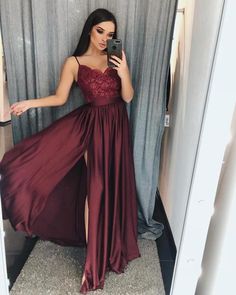 Sleeveless Satin Slip Dress With Lace Bodice, Satin Dresses With Sweep Train And Spaghetti Straps, Satin Dresses With Spaghetti Straps And Sweep Train, Satin Dress With Spaghetti Straps And Sweep Train, Prom Dresses Long Burgundy, Bridesmaid Dresses Burgundy, Wine Red Prom Dress, Dresses Burgundy, Burgundy Prom