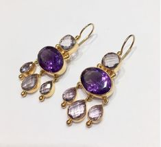 Amethyst and Pink Amethyst Earrings – 9 Rue Clementine Handmade Amethyst Earrings For Wedding, Handmade Amethyst Wedding Earrings, Amethyst Multi-stone Earrings As Gift, Gold Amethyst Earrings With Gemstone Accents, Gold Amethyst Earrings For Parties, Handmade Amethyst Earrings For Anniversary, Amethyst Gold, Handmade Jewel, Garnet Earrings