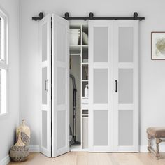 an empty room with white walls and wooden flooring, two doors open to reveal a walk - in closet