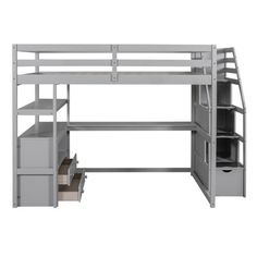 loft bed with desk and drawers in grey finish, open shelves on the bottom side