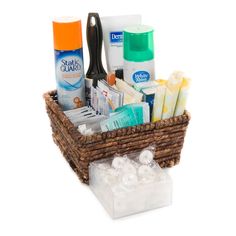 a basket filled with personal care items on top of a table