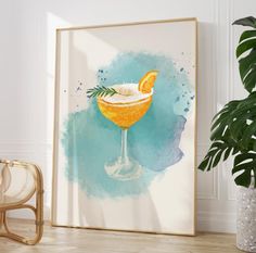 an orange cocktail with rosemary garnish on the rim in a watercolor style