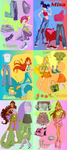 some cartoon characters are in different colors and sizes, including one girl with long hair