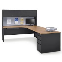 an office desk with two drawers and a computer monitor