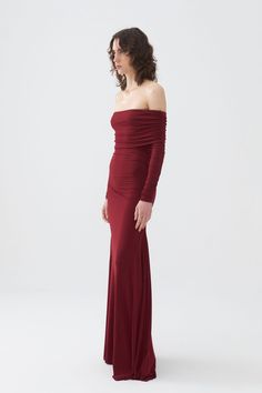 Nocturne elevates the classic maxi dress with a layered design, offering an Off-The-Shoulder Maxi Dress perfect for celebrating any festive occasion with effortless style. Slim fit, full fit, unlined, long sleeves, no zipper, flexible fabric, straight neck, off-the-shoulder and layered design, maxi dress. Main Material: 95% Polyester, 5% Elastane Lining: No Lining Trim: No Trim Washing & Care Instructions: Sensitive Hand Washing at 30°C is Recommended, Bleaching is Not Recommended, Drying in a D Burgundy Casual Dress, Off Shoulder Gown, Formal Dresses With Sleeves, Dryer Machine, Classy Work Outfits, Layered Design, Gowns With Sleeves, Burgundy Dress, Dress C