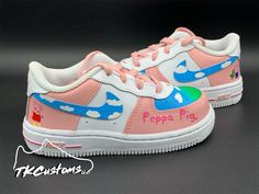 Turn heads at any event with these popping pink Peppa Pig inspired shoes! These are Authentic and come in original box. Ships out within 1 - 2 weeks depending on shoe availability. Shoes are custom hand painted, airbrushed and made to order. Returns are unaccepted since they are made per Peppa Pig Shoes, Nike Ideas, Baby Jordan Shoes, Custom Baby Shoes, Air Force One Shoes, Painted Shoes Diy, Air Force Shoes, Diy Sneakers, Painted Sneakers