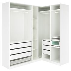 an open white closet with two drawers and one drawer on the left side is shown