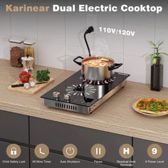 an electric cooktop on top of a kitchen counter with various cooking utensils