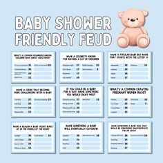 the baby shower friendly fed game is shown in blue and has a teddy bear on it