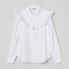 Brand New With Tags. 100% Cotton. Description & Fit Shirt In Woven Cotton Fabric. Collar, Buttons At Front, And Yoke At Front With Wide Ruffle Extending Over Shoulders. Long Sleeves With Buttons At Cuffs. Rounded Hem, Slightly Longer At Back. Casual Collared Blouse With Ruffles, Collared Ruffle Shirt, Casual Tops With Button Closure And Ruffled Collar, Casual Top With Ruffled Collar And Button Closure, Casual White Shirt With Ruffled Collar, Trendy Ruffled Shirt For Office, Workwear Tops With Button Closure And Ruffled Collar, Workwear Top With Ruffled Collar And Buttons, Casual Ruffle Button-up Blouse