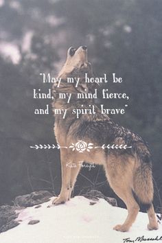 a wolf standing on top of a snow covered hill with a quote above it that says, may my heart be kind of mind fierce, and my spirit brave