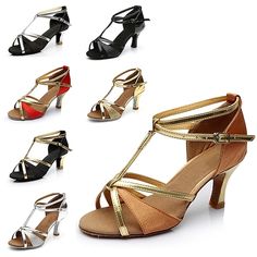 Category:Modern Dance Shoes,Latin Dance Shoes,Line Dance,Practice Trainning Dance Shoes; Upper Materials:Satin,PU Leather; Lining Material:Fabric; Heel Type:Cuban Heel; Gender:Women's; Style:Heel; Outsole Materials:Suede; Occasion:Party,Performance,Practice; Closure Type:T-Strap; 2024 Trends:Basic; Foot Length:; Size chart date source:Provided by Supplier. High Heel Dance Shoes For Summer, Summer Dance Shoes With Round Toe, Summer High Heel Dance Shoes, High Heel Sandals For Summer Dance, Gold Open Toe Dance Shoes For Summer, Gold Open Toe Summer Dance Shoes, Summer Open Toe Dance Shoes, Adjustable Round Toe Dance Shoes For Party, Gold High Heel Dance Shoes For Summer