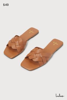 Step out in sunny day style with the Lulus Nuneh Tan Leather Woven Slide Sandals! These sandals are about to become you summer staple with their genuine leather construction, trendy square toe bed, and woven toe band. The classic, slide-on design makes styling a breezy! 0. 25" rubber heel. Cushioned insole. Nonskid rubber sole. Genuine leather upper. Balance man made materials. Imported. Lulus | Nuneh Tan Leather Woven Slide Sandal Heels. Leather Sandals With Square Toe For Vacation, Beach Sandals With Square Toe, Chic Brown Woven Sandals, Brown Sandals With Intrecciato Weave For Spring, Brown Woven Flat Sandals, Brown Flat Woven Sandals, Elegant Woven Leather Sandals For Beach, Flat Braided Sandals, Elegant Woven Leather Sandals For Vacation