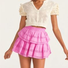 100% Cotton Fully Lined Elastic Waistband Tiered Ruffle Skirt With Lace Trim Please Note: Due To The Unique Wash, Colors And Patterns May Vary Slightly Skirt Measures Approx 15" In Length Rush Skirt, Loveshackfancy Skirt, Fancy Skirts, Recruitment Outfits, Tiered Mini Skirt, Ruffle Mini Skirt, Tiered Ruffle Skirt, Pink Ruffle, Lace Inset