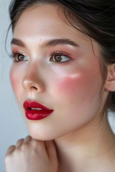 Raspberry red lipstick with a hint of shimmer matched with soft, rosy blush for a glowing, fresh-faced beauty that’s naturally radiant. Click to see more. Lauren Core, Lipstick Ideas, Fresh Makeup, Red Makeup, Spring Makeup, Natural Eye Makeup, Kiss Makeup