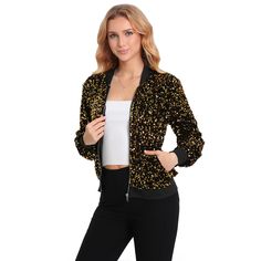 PRICES MAY VARY. Soft Material: 100% Polyester. This shiny sequin jacket is made of soft and breathable fabric, touched comfortably. Enjoy comfortable wear all day thanks to the soft ribbed cuffs. This outfit top also features a light lining to protect from rubbing. The velvet Bomber is lightweight and suitable for wearing anywhere. Sparkly Sequin Bomber: All shimmer jackets have two side pockets. The zipper is easy and smooth. This sparkle jacket has shiny sequins, make you stand out from the c Sparkle Jacket, Glitter Jacket, Concert Party, Sparkly Party, Outfit Top, Jeans And Flats, Sequin Blazer, Sequin Jacket, Casual Vest