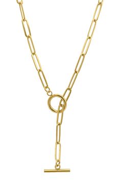 Show off contemporary style with this elegant water-resistant 14-karat gold plated paper-clip chain lariat necklace. 19" length Toggle closure This piece of jewelry is water-resistant and will not tarnish with water contact 14k-gold plate/stainless steel Imported Elegant Link Chain Lariat Necklace, Elegant Lariat Necklace With Link Chain, Elegant Lariat Link Necklace, Modern Lariat Necklaces With Cable Chain, Modern Lariat Cable Chain Jewelry, Elegant Toggle Necklace With Paperclip Chain, Everyday Gold Lariat Necklace With Lobster Clasp, Gold-tone Paperclip Chain Necklace For Formal Occasions, Elegant Lariat Chain Necklace With Lobster Clasp