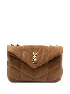 light brown calf suede foldover top with magnetic fastening sliding chain-link shoulder strap chevron quilting signature Cassandre logo plaque main compartment full lining internal zip-fastening pocket internal logo patch internal card slots Ysl Crossbody Bag, Ysl Logo, Brown Shoulder Bag, Small Quilts, Saint Laurent Bag, Professional Cleaning, Chain Bags, Matte Gold, Magnetic Closure